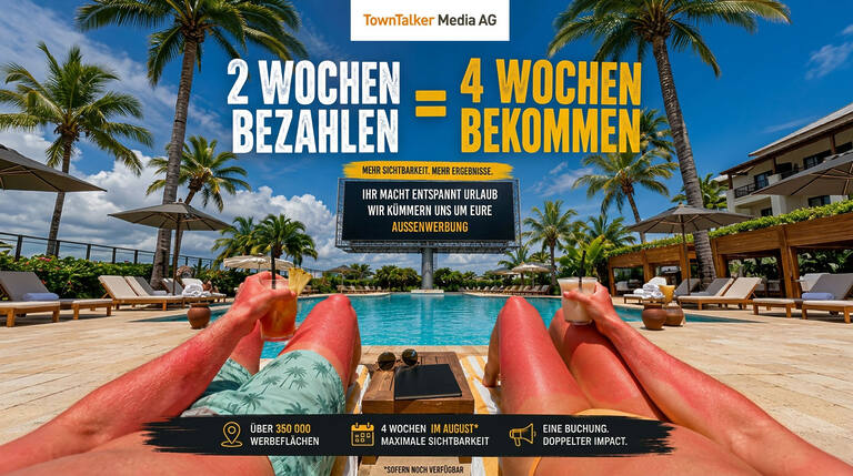 Plakatwerbung Aktion 2 Wochen bezahlen und 4 Wochen bekommen. Außenwerbung bundesweit.